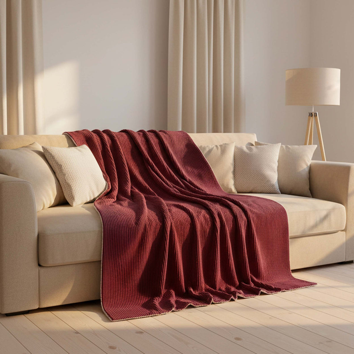 Collection Plaids Velours : plaid en velours rayé bordeaux sur canapé, ambiance cosy et élégante