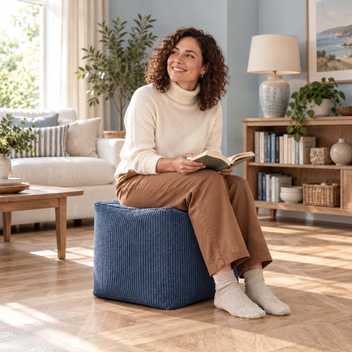 Pouf Cube Velours Côtelé Bleu denim, assise et repose-pieds en velours côtelé bleu, pour intérieur cosy.