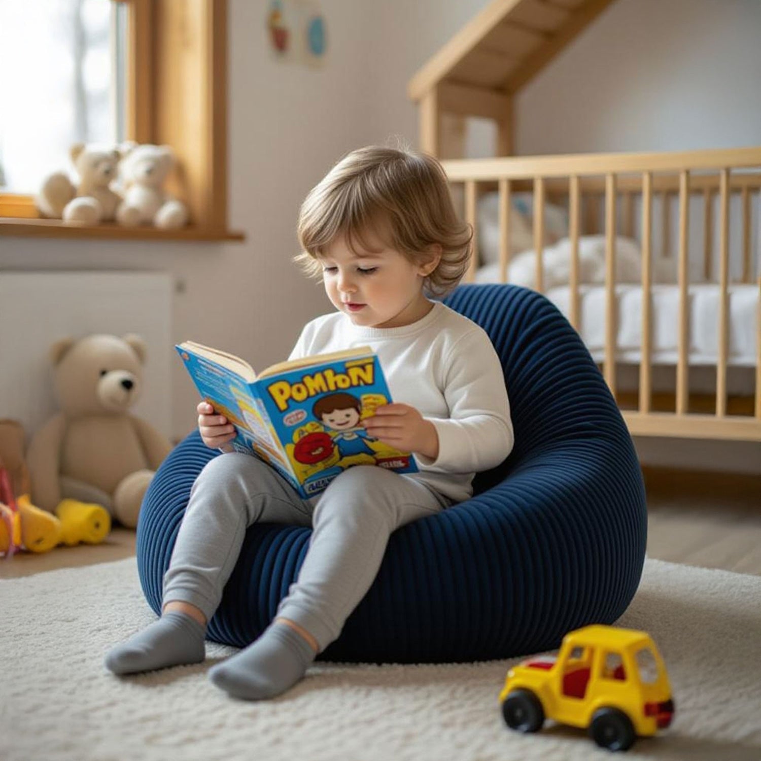 Pouf a sacco per bambini in velluto coste blu marina