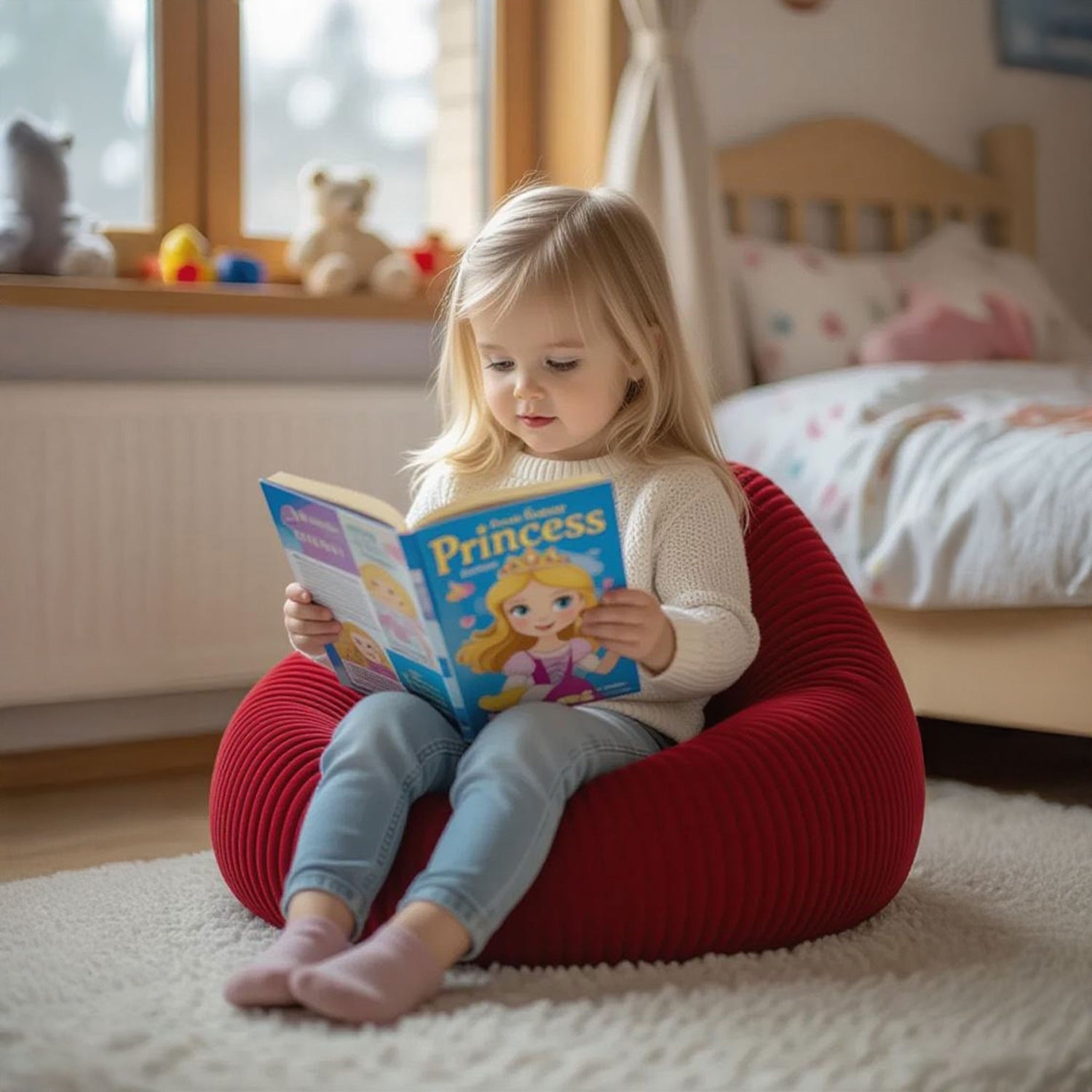 Pouf a pera per bambini in velluto coste rosso