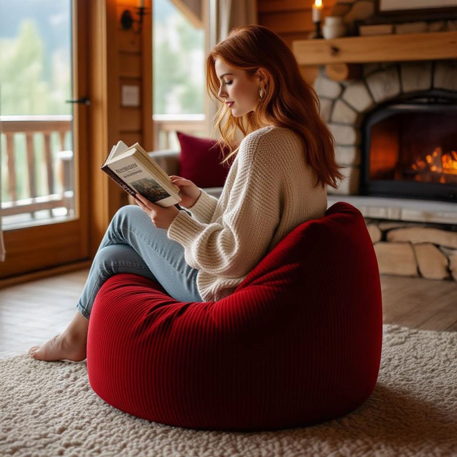 Pouf Poire Velours Côtelé Rouge