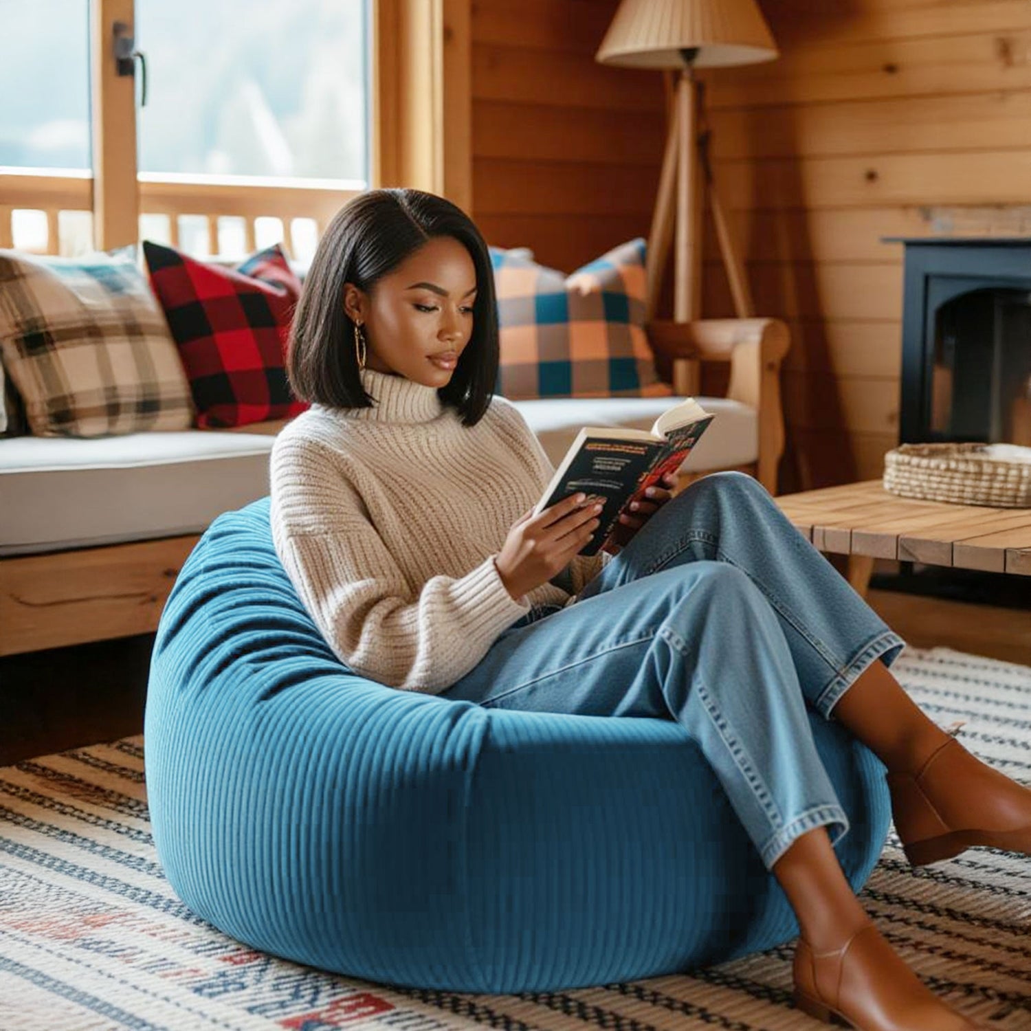 Pouf Poire Velours Côtelé Bleu Ciel