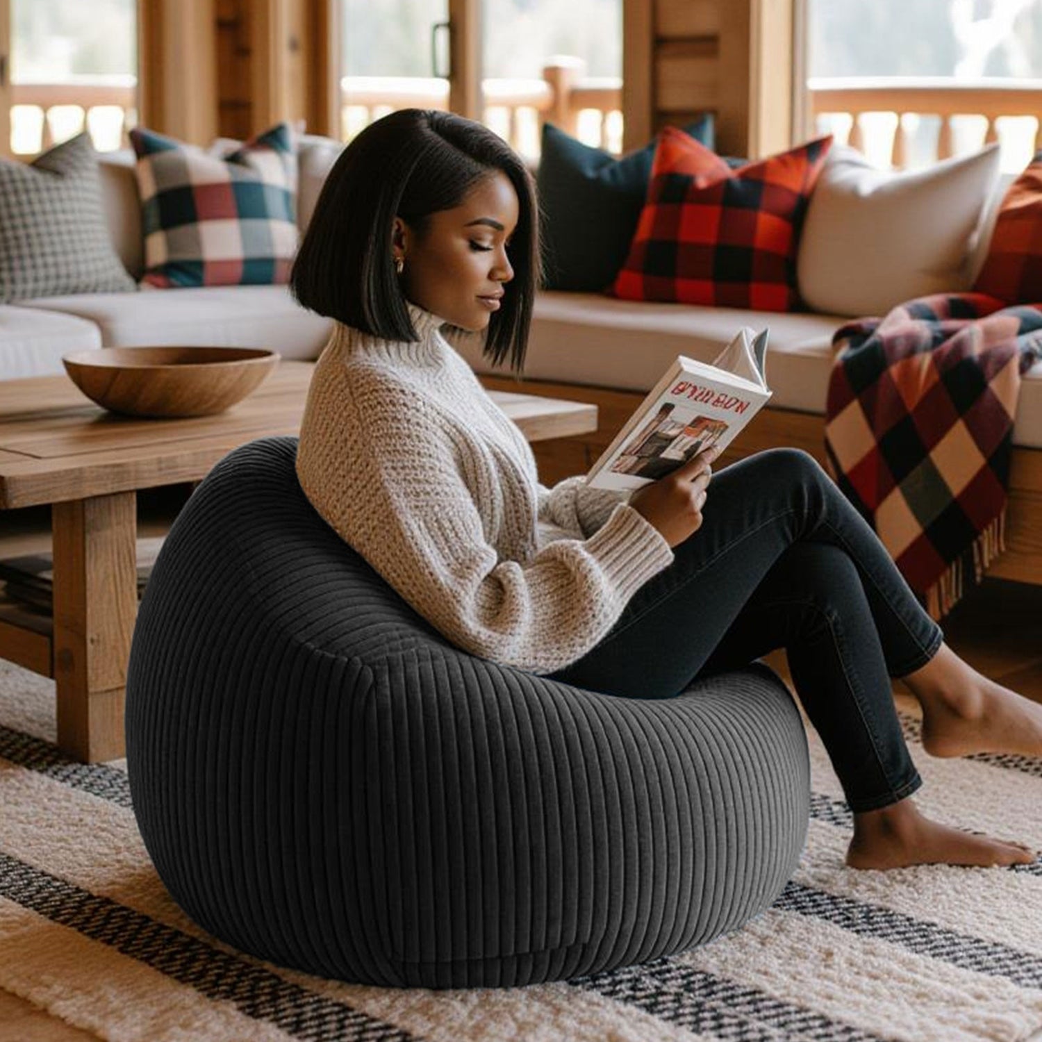 Pouf Poire Velours Côtelé Gris