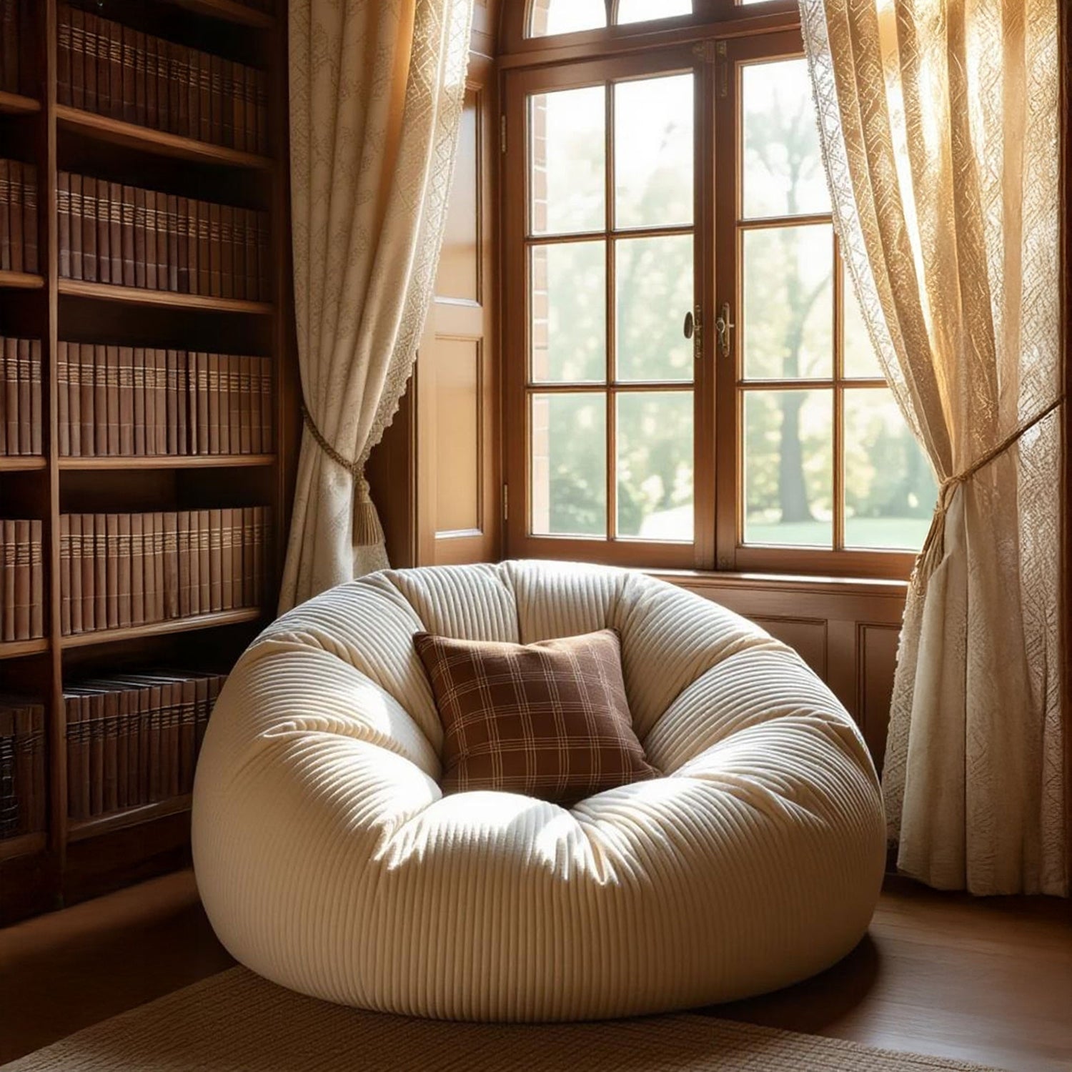 Pouf Gigante Rotondo XXL Velluto Coste Beige