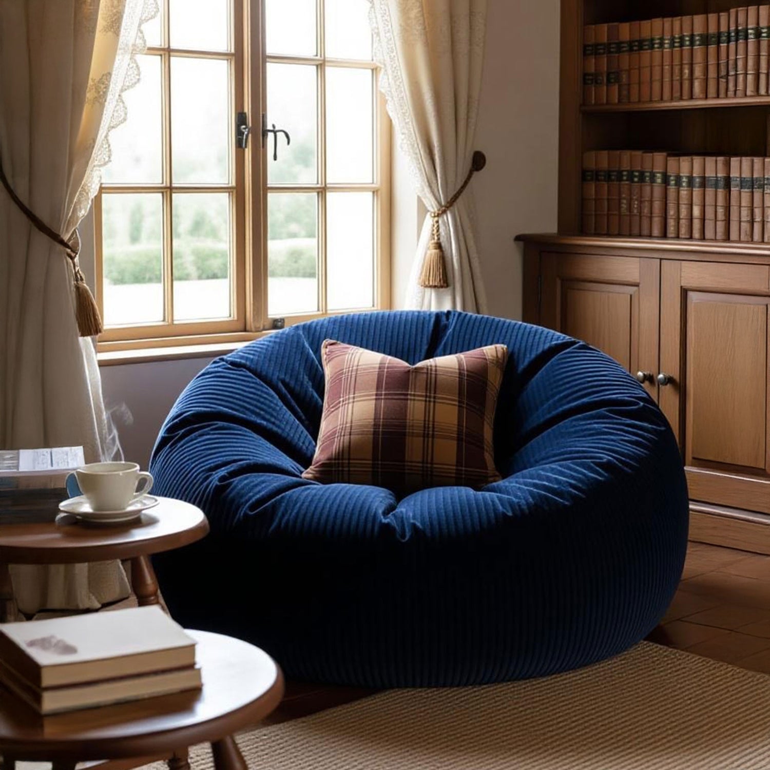 Pouf Géant Rond XXL Velours Côtelé Bleu Marine
