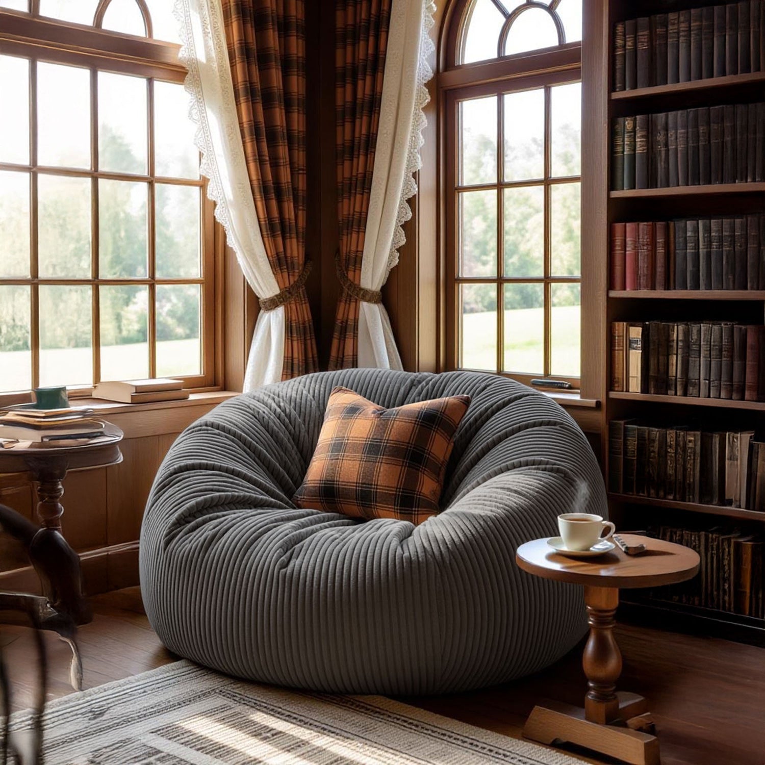 Pouf Géant Rond XXL Velours Côtelé Gris