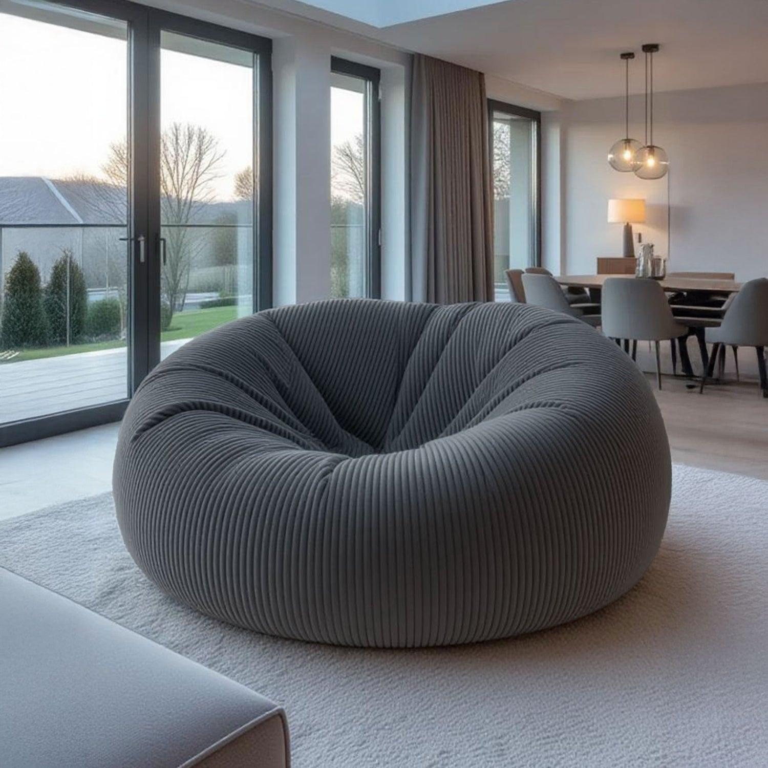 Pouf Géant Rond XXL Velours Côtelé Gris