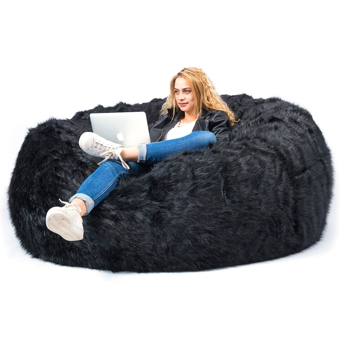 Bezug leer Pouf rund XXL Fell langhaarig schwarz