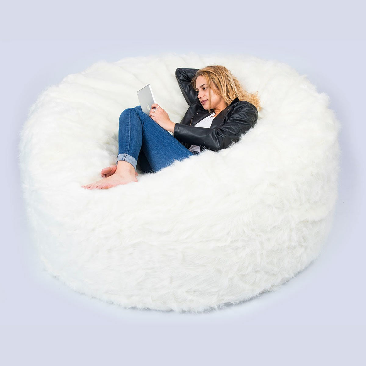 Copertura Vuota Pouf Rotondo XXL Pelliccia Pelo Lungo Bianco