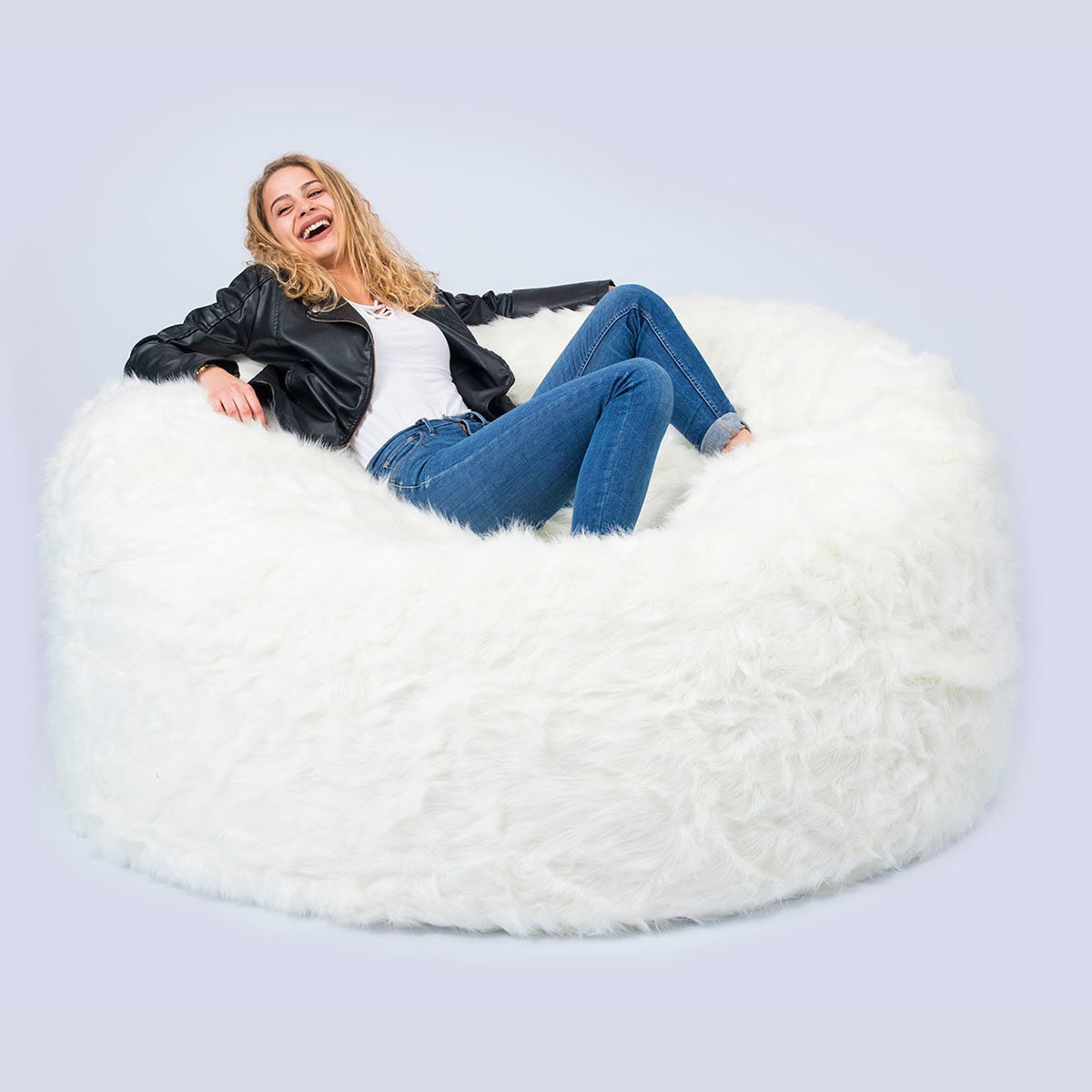 Copertura Vuota Pouf Rotondo XXL Pelliccia Pelo Lungo Bianco