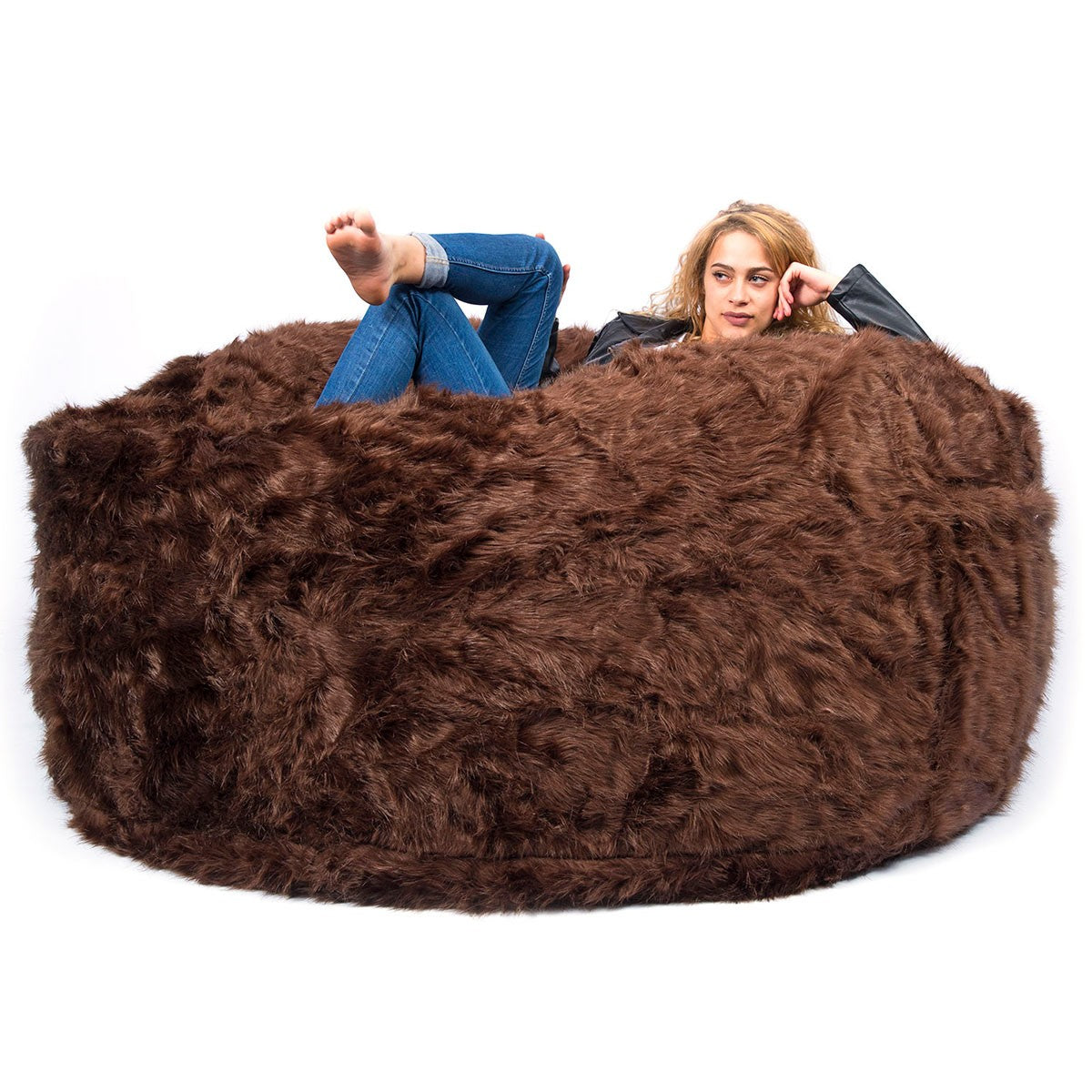 Empty Cover Round Pouf XXL Long Hair Fur Brown