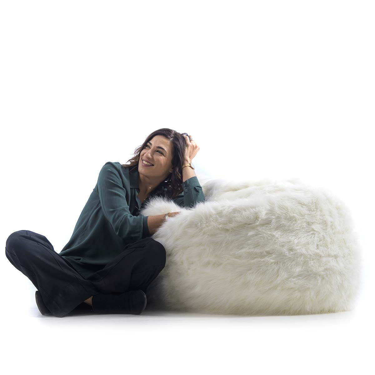 Puf Sillón Redondo XL Piel Pelo Largo Blanco