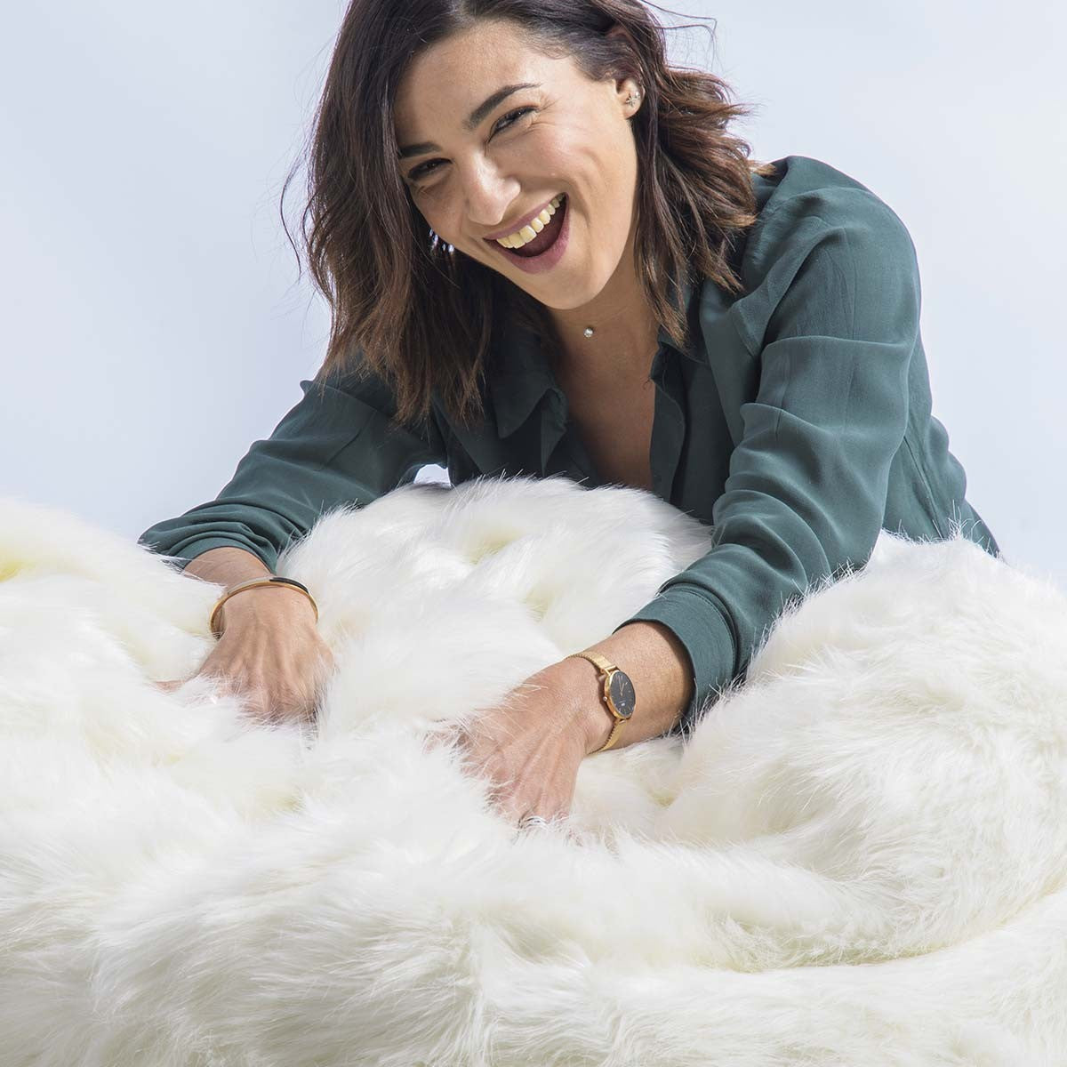 Puf Sillón Redondo XL Piel Pelo Largo Blanco