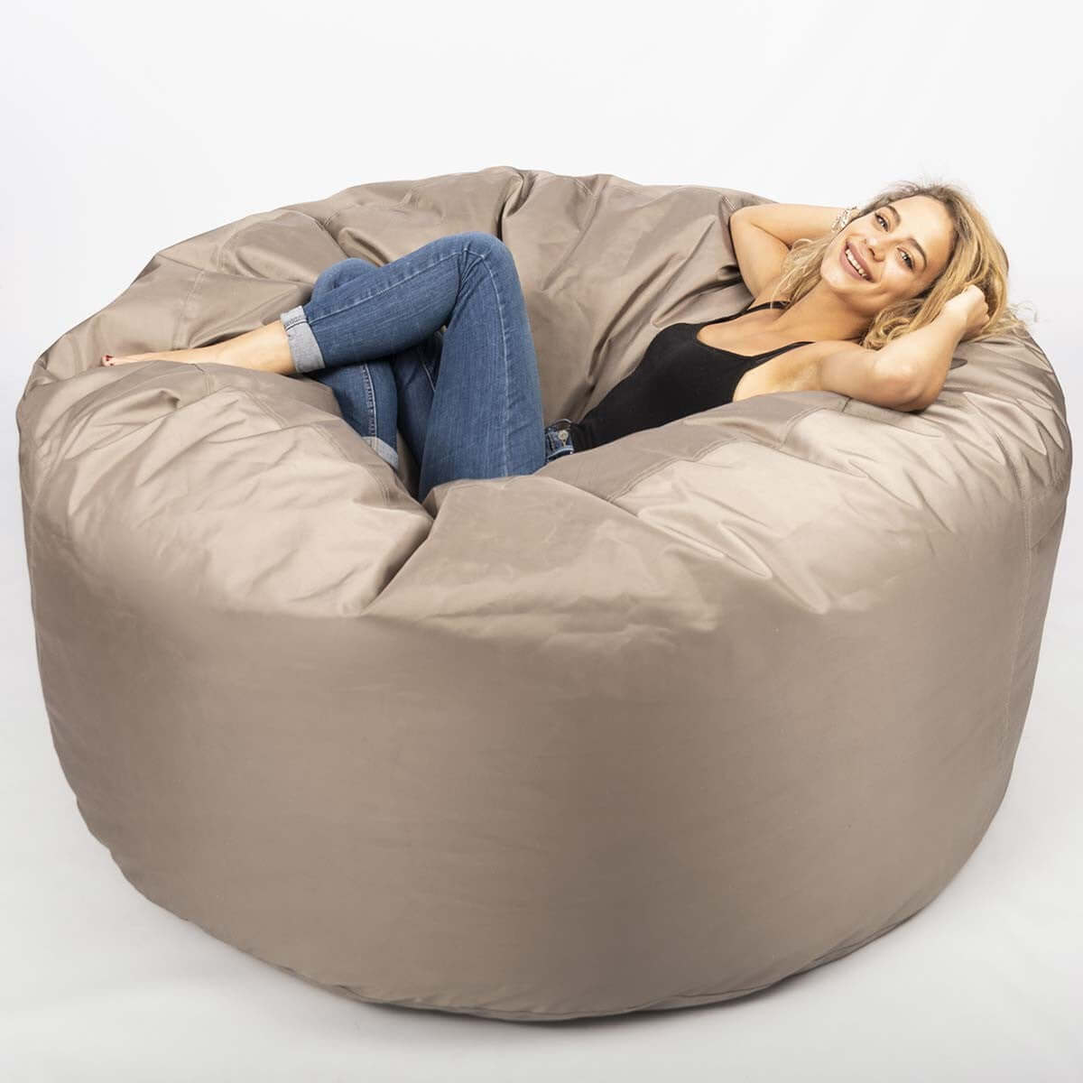 Pouf Géant Extérieur TiTAN Taupe, pouf XXL rond 140 x 75 cm, assise extérieure pour détente jardin/terrasse