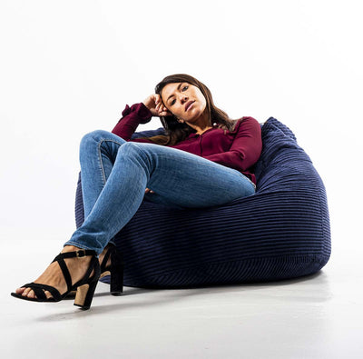 Pouf Géant Rond XL Velours Côtelé Bleu Marine