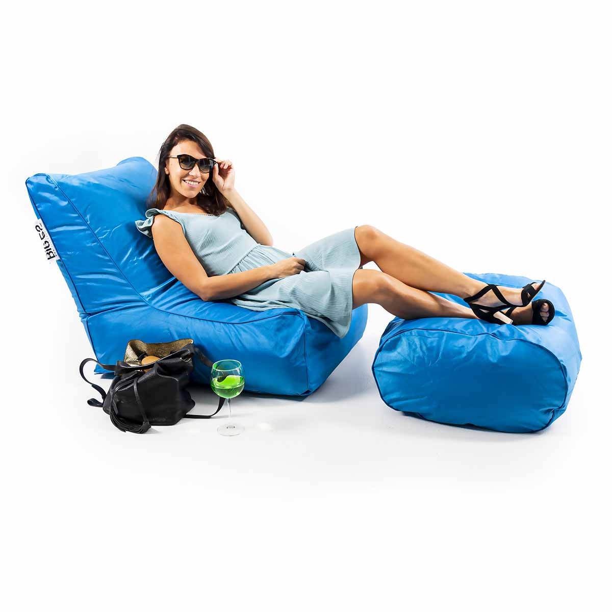 Fauteuil Pouf Extérieur Bleu Turquoise BiG52 avec repose-pieds, assise et méridienne pour jardin terrasse