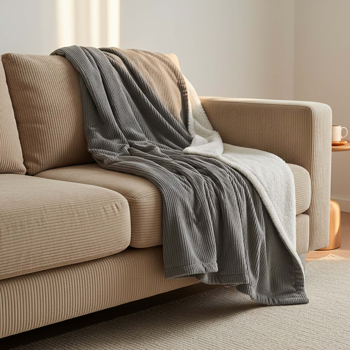 Plaid Velours Côtelé Gris Double Face Sherpa – 180×140 cm, plaid moelleux pour canapé et lit