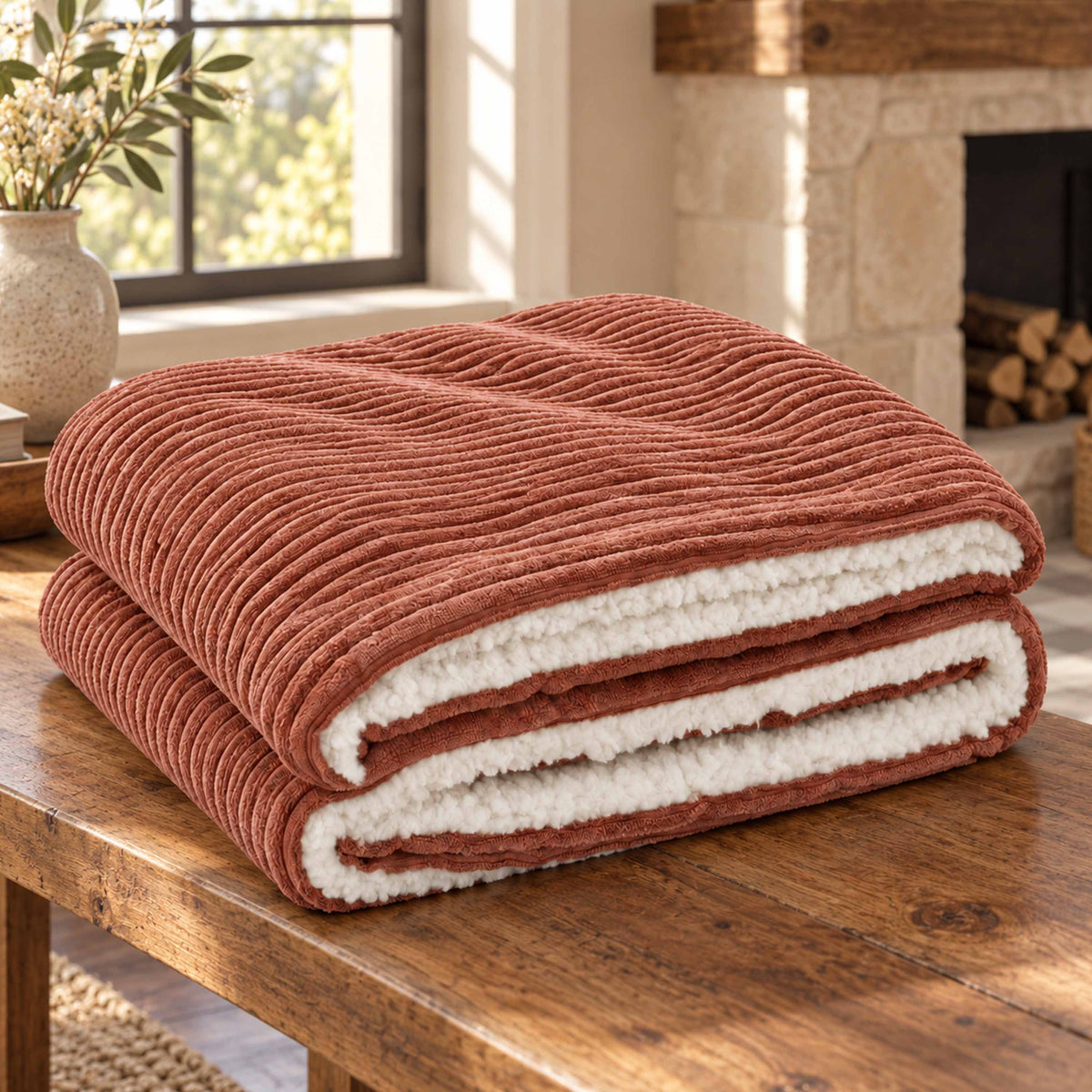 Plaid Velours Côtelé Terracotta Double Face Sherpa – 180×140 cm, plaid cosy velours côtelé et sherpa imitation laine