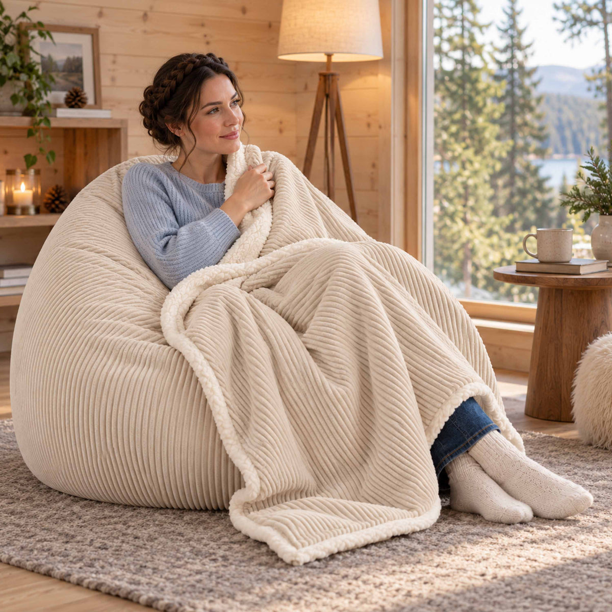 Plaid Velours Côtelé Beige Double Face Sherpa – 180×140 cm, plaid cocooning sur canapé