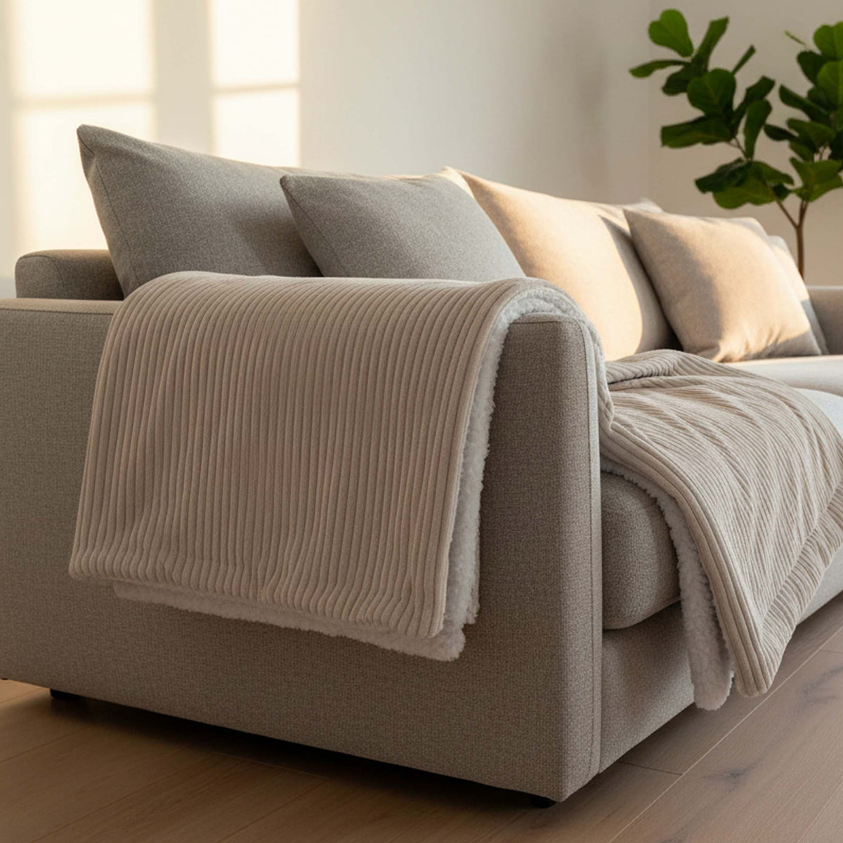 Plaid Velours Côtelé Beige Double Face Sherpa – 180×140 cm sur canapé, effet sherpa moelleux et velours côtelé texturé