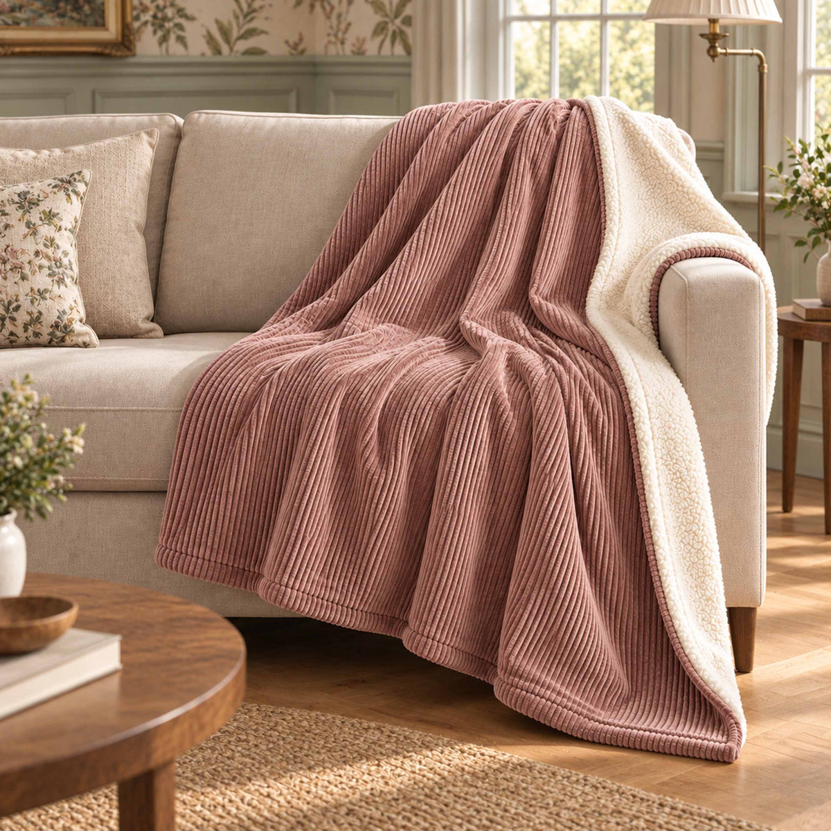 Plaid Velours Côtelé Rose poudré Double Face Sherpa – 180×140 cm : plaid double face sur canapé, velours côtelé et sherpa