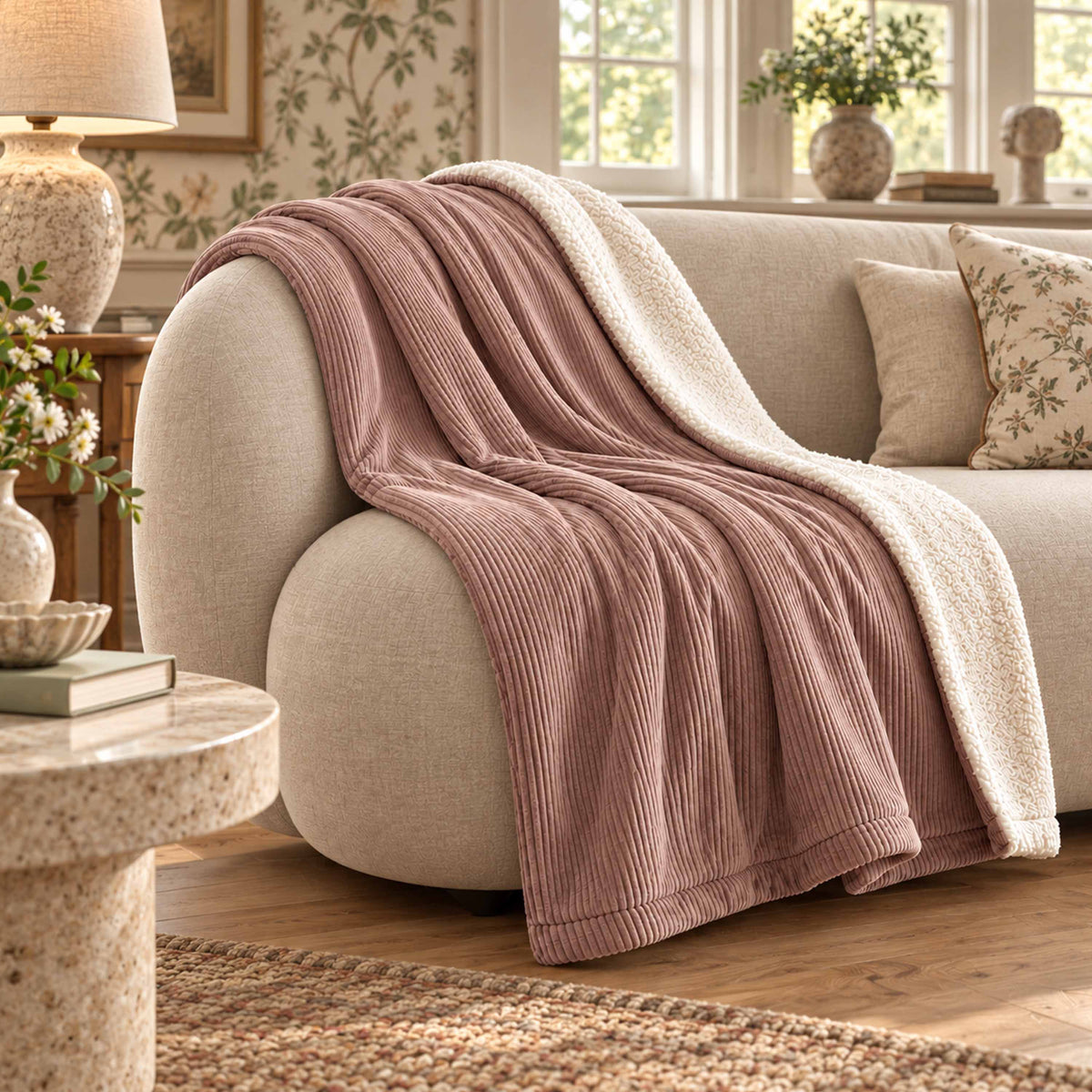 Plaid Velours Côtelé Rose poudré Double Face Sherpa – 180×140 cm, plaid sur canapé en velours et sherpa