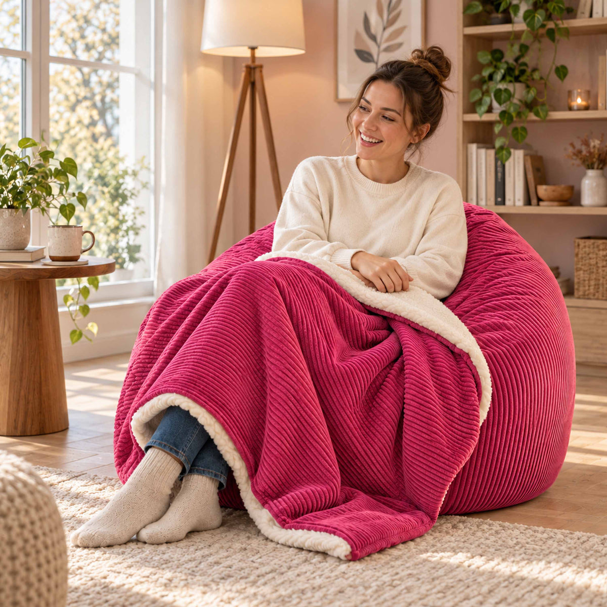 Plaid Velours Côtelé Rose Double Face Sherpa – 180×140 cm, plaid cocooning en velours côtelé et sherpa imitation