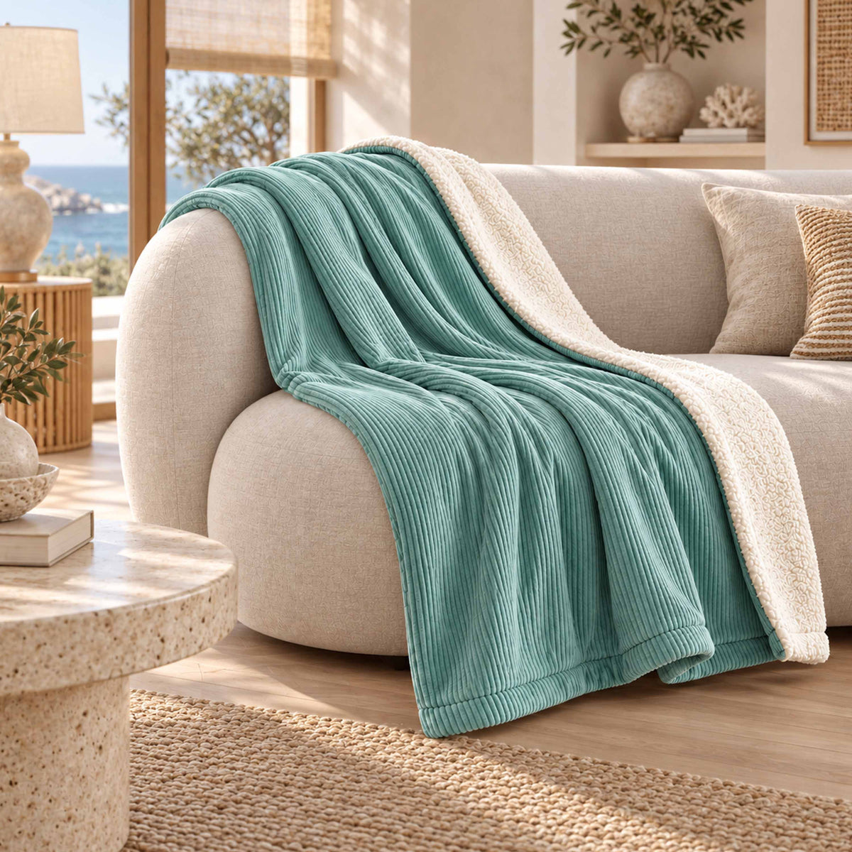 Plaid Velours Côtelé Turquoise Double Face Sherpa – 180×140 cm, plaid turquois sur canapé en intérieur cocooning