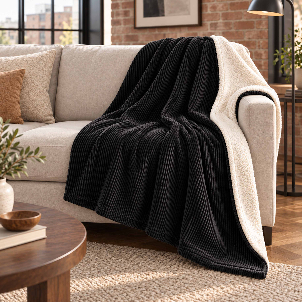 Plaid Velours Côtelé Noir Double Face Sherpa – 180×140 cm, plaid sur canapé avec bord sherpa imitation laine