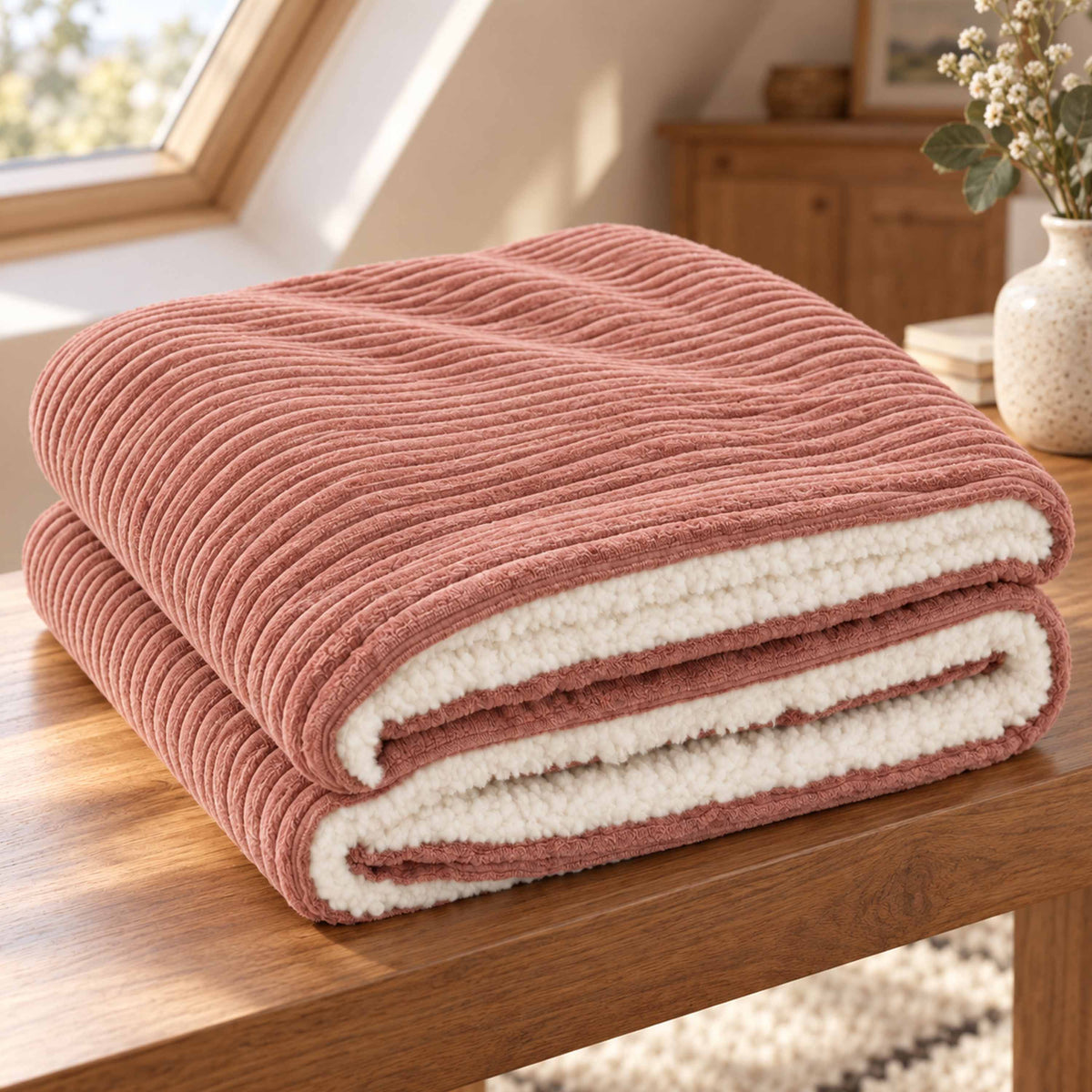 Plaid Velours Côtelé Rose poudré chaud Double Face Sherpa – 180×140 cm, plaid double face velours côtelé et sherpa