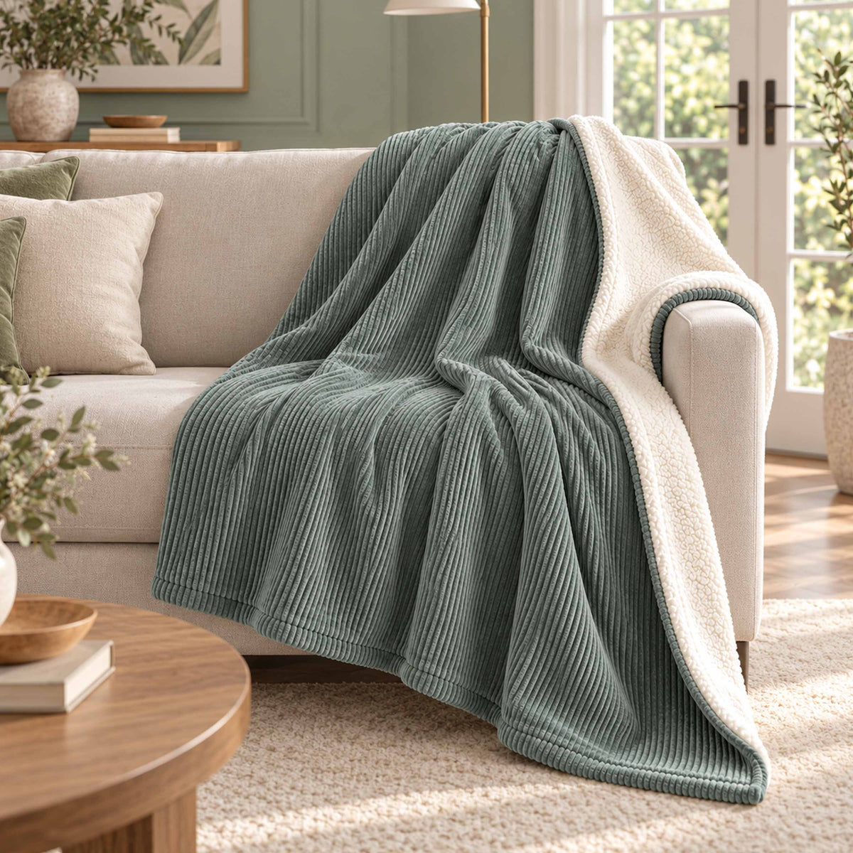 Plaid Velours Côtelé Vert gris Double Face Sherpa – 180×140 cm, plaid double face velours côtelé et sherpa sur canapé