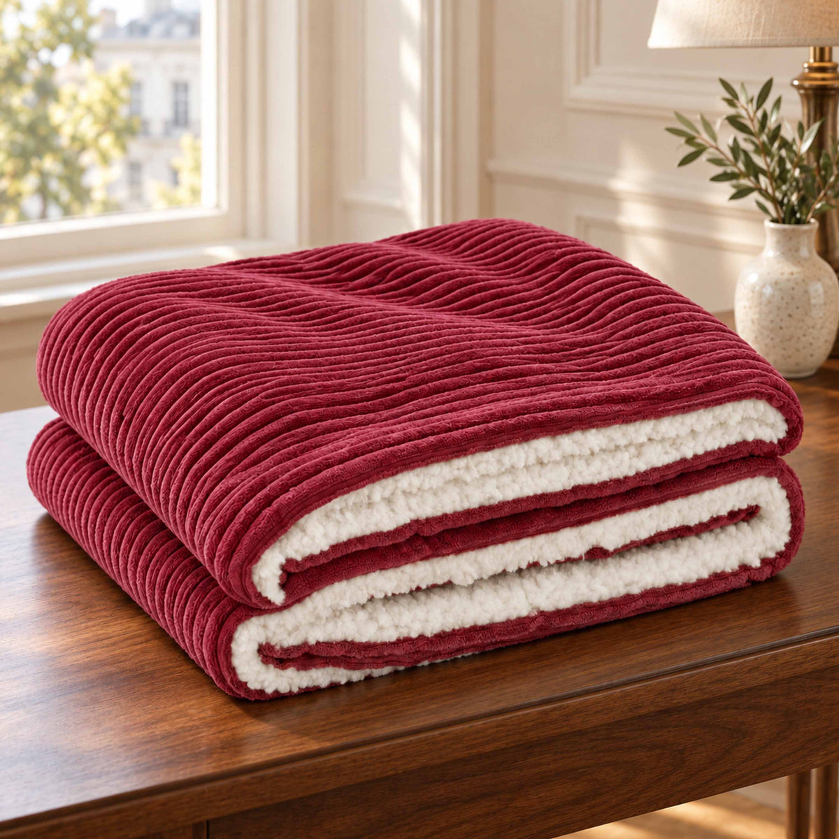Plaid Velours Côtelé Cerise Double Face Sherpa – 180×140 cm, plaid chauffant bordeaux en velours côtelé et sherpa