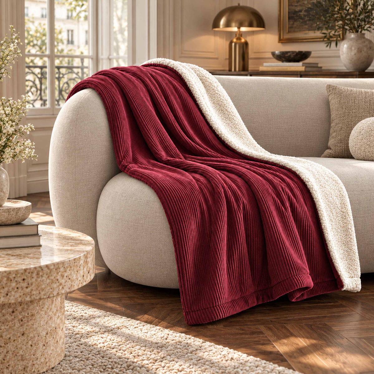 Plaid Velours Côtelé Cerise Double Face Sherpa – 180×140 cm, plaid déco sur canapé, velours côtelé et sherpa