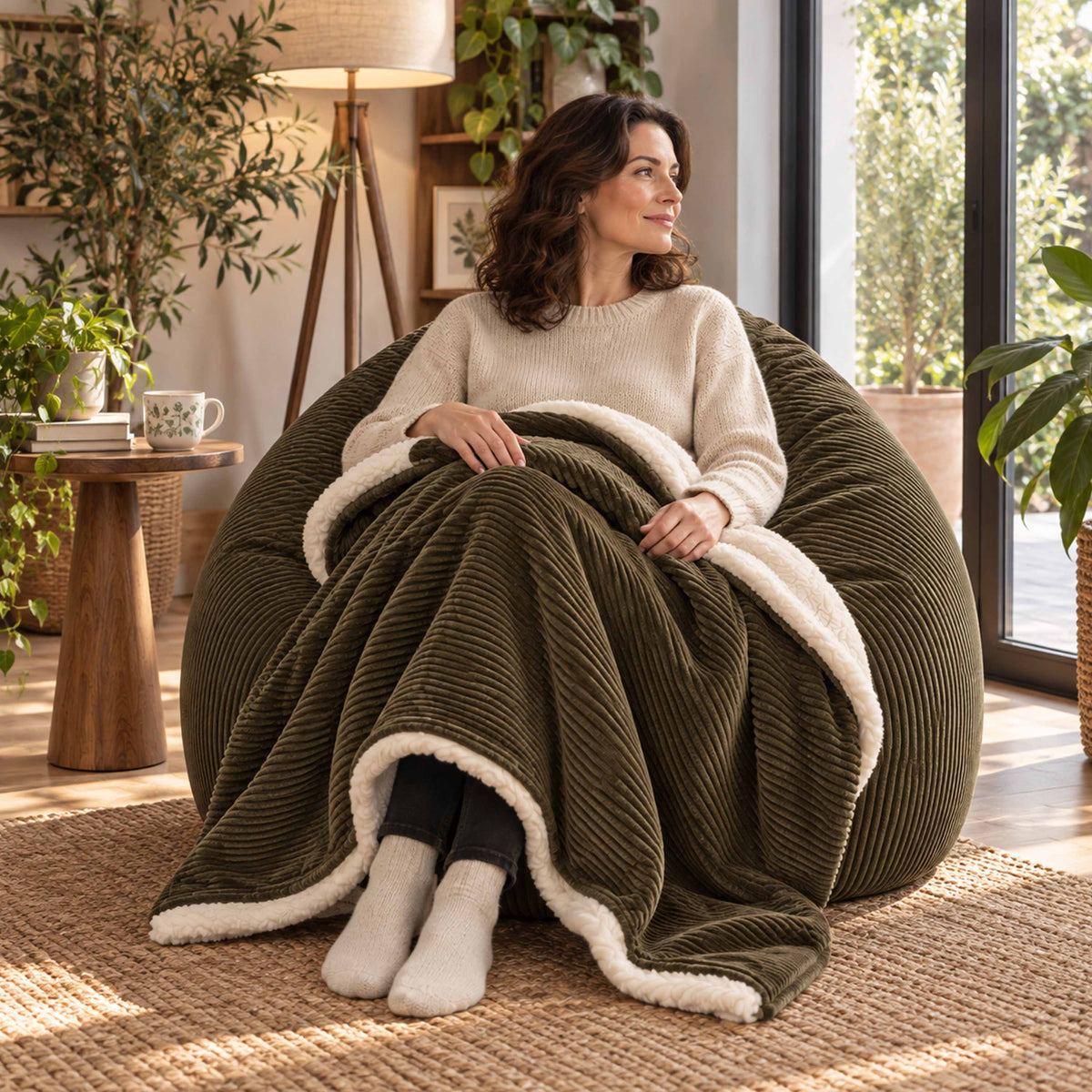Plaid Velours Côtelé Kaki foncé Double Face Sherpa – 180×140 cm, plaid sur fauteuil pour ambiance cocooning
