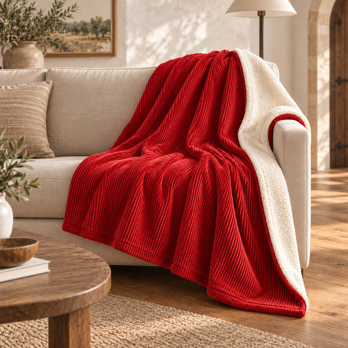 Plaid Velours Côtelé Rouge Double Face Sherpa – 180×140 cm, plaid rouge sur canapé, effet sherpa imitation laine de mouton