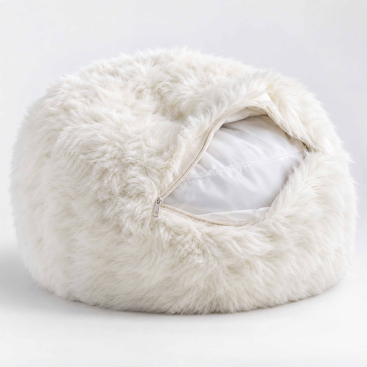 Pouf Fauteuil Rond XL Fourrure Poil Long Blanc, intérieur dévoilé, tissu blanc, design moelleux pour siège confortable