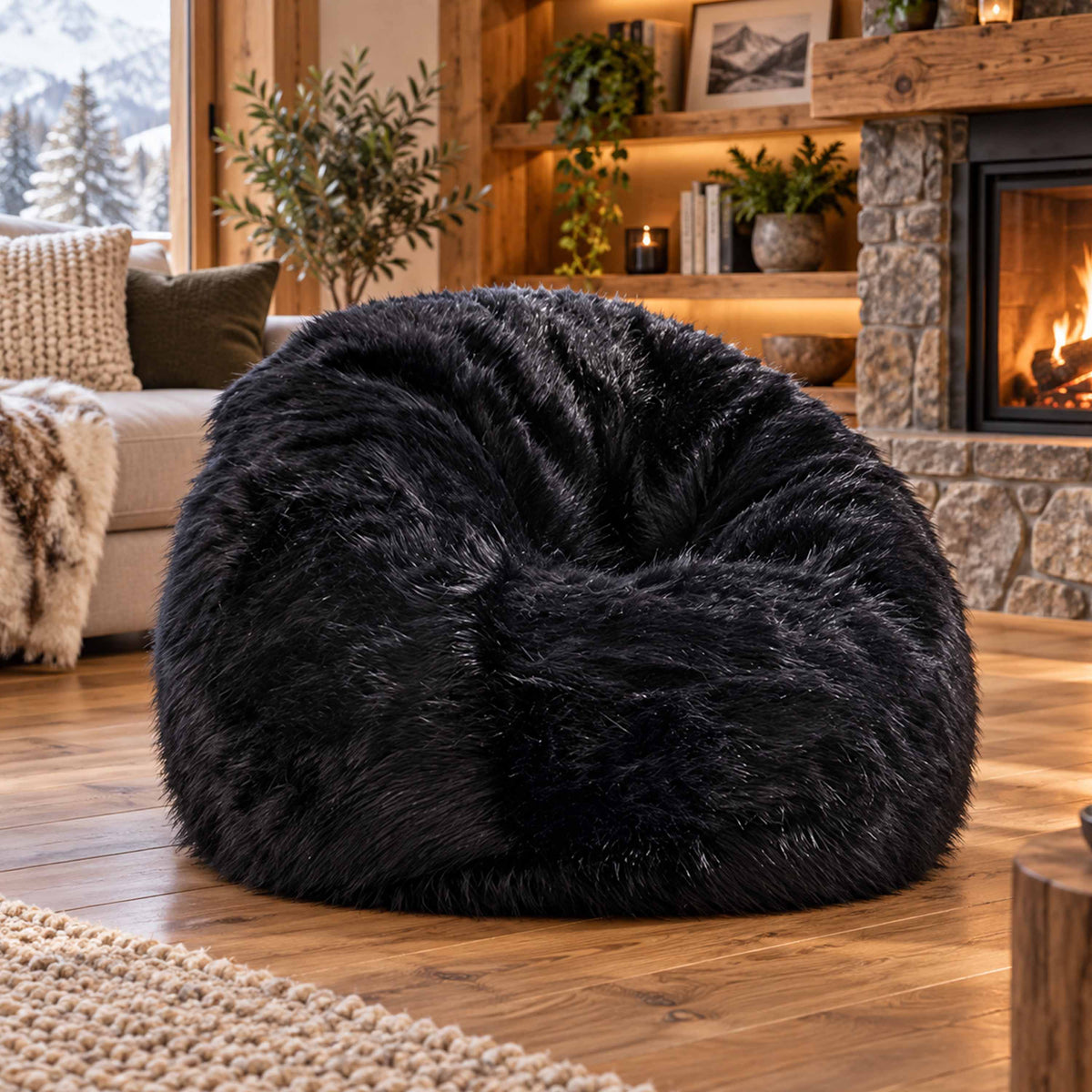 Pouf Fauteuil Rond XL Fourrure Poil Long Noir, pouf moelleux en fourrure pour salon cosy, assise gaming ou lecture