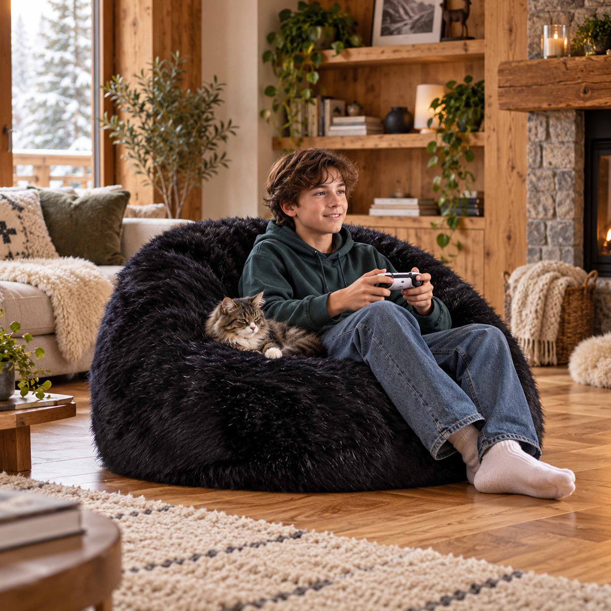Pouf Fauteuil Rond XL Fourrure Poil Long Noir : assise moelleuse en intérieur, pour gaming et détente avec animal