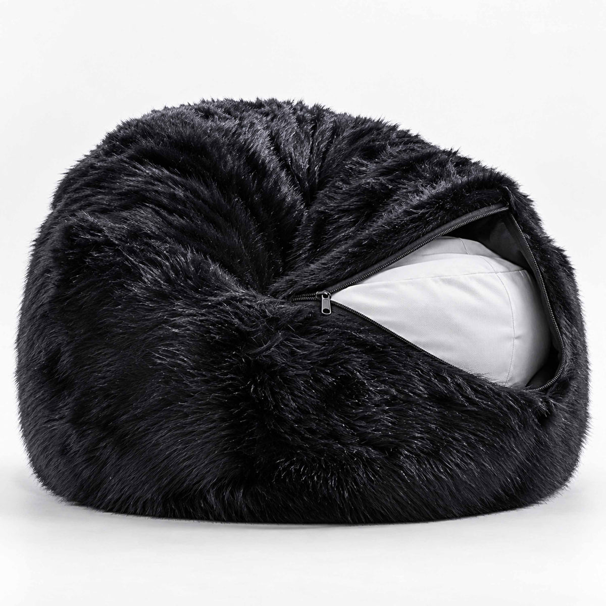 Pouf Fauteuil Rond XL Fourrure Poil Long Noir, pouf fauteuil en fourrure noire à poils longs, assise gaming et détente