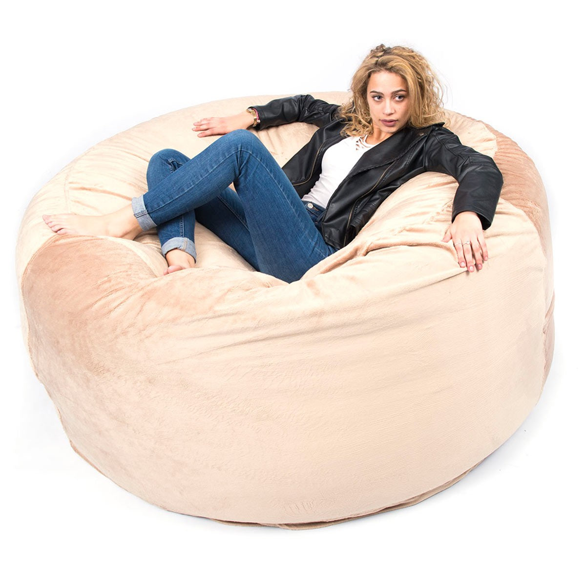 Pouf Géant Rond XXL Polaire Beige, assise confortable en fourrure polaire, grand pouf rond pour détente et décoration intérieure