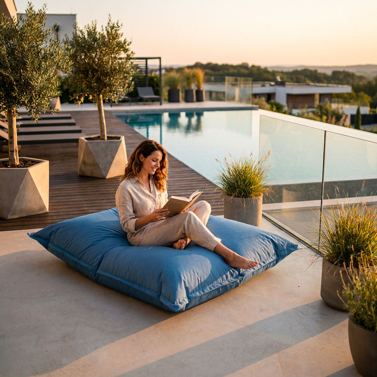Pouf Géant XXL Bleu Canard BiG52 Classic, grand pouf extérieur pour détente au bord de la piscine