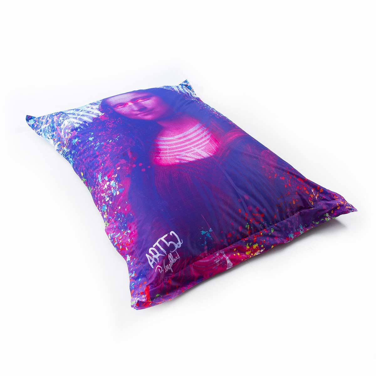 Alt Tag: Pouf Géant ART52® - Mona Lisa POP, coussin géant imprimé pop art violet et rose sur fond blanc