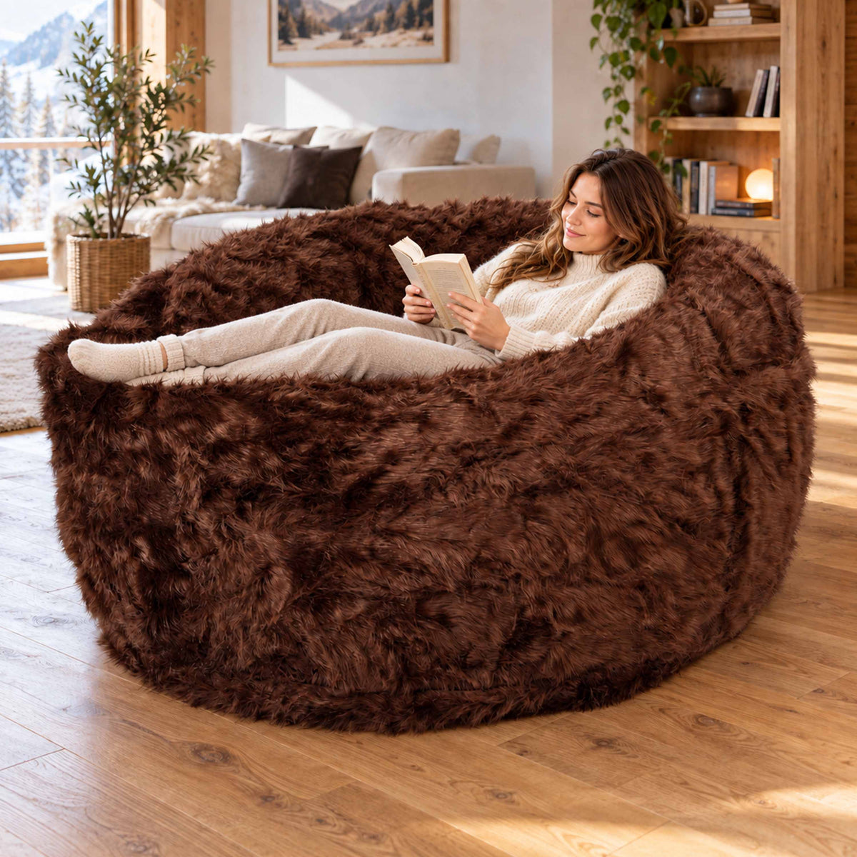 Pouf Géant Rond XXL Fourrure Marron, canapé moelleux poil long marron, XXL en fourrure, détente cosy salon