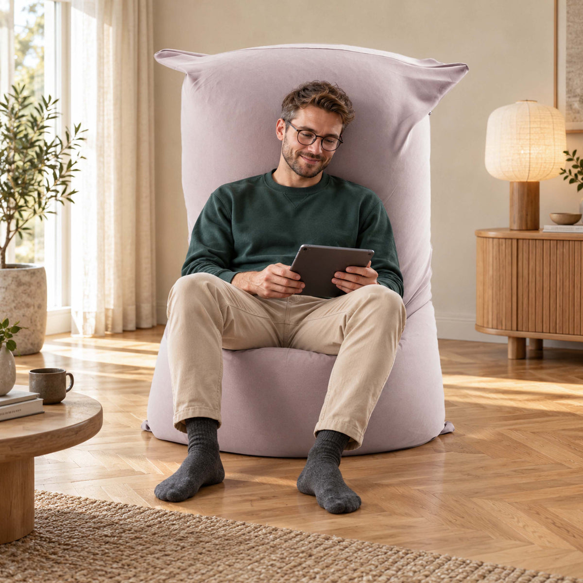 pouf géant intérieur stretch taupe déhoussable, grand pouf intérieur BiG52 en tissu ultra souple, détente salon