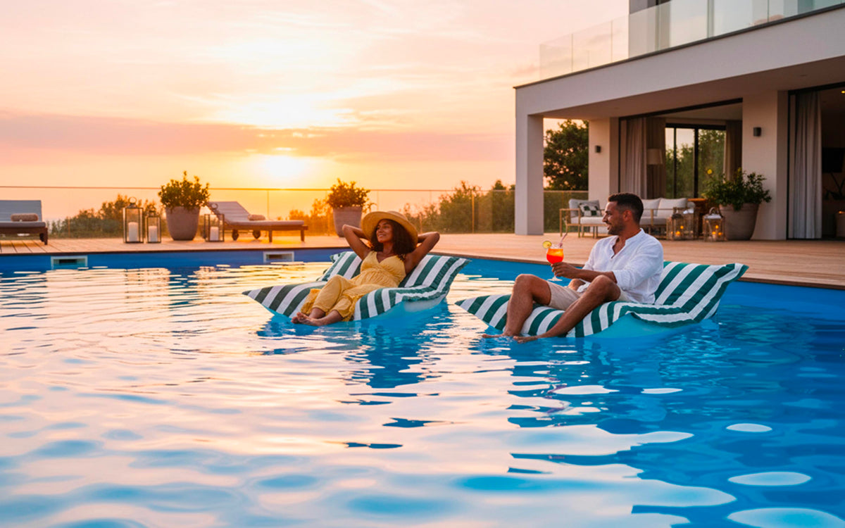 Pouf Piscine Vert Rayé Deauville : couple se détendant sur un pouf géant rayé dans une piscine extérieure au coucher du soleil