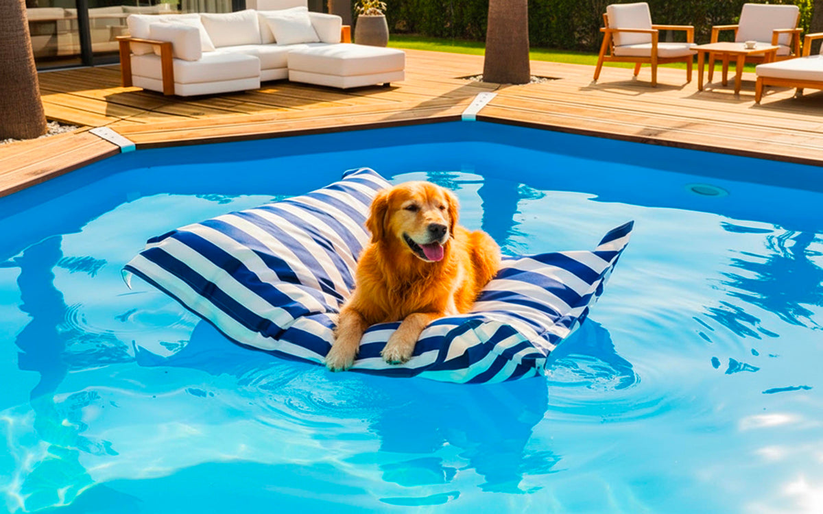 Pouf Piscine Bleu Rayé Deauville, grand pouf rayé bleu dans la piscine avec un chien nageur