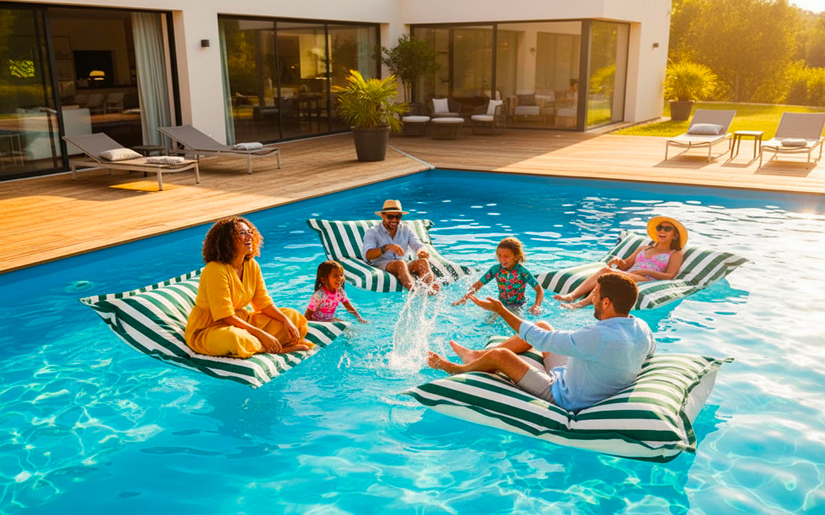 Pouf Piscine Vert Rayé Deauville : pouf géant rayé vert pour piscine, détente au bord de l’eau en jardin