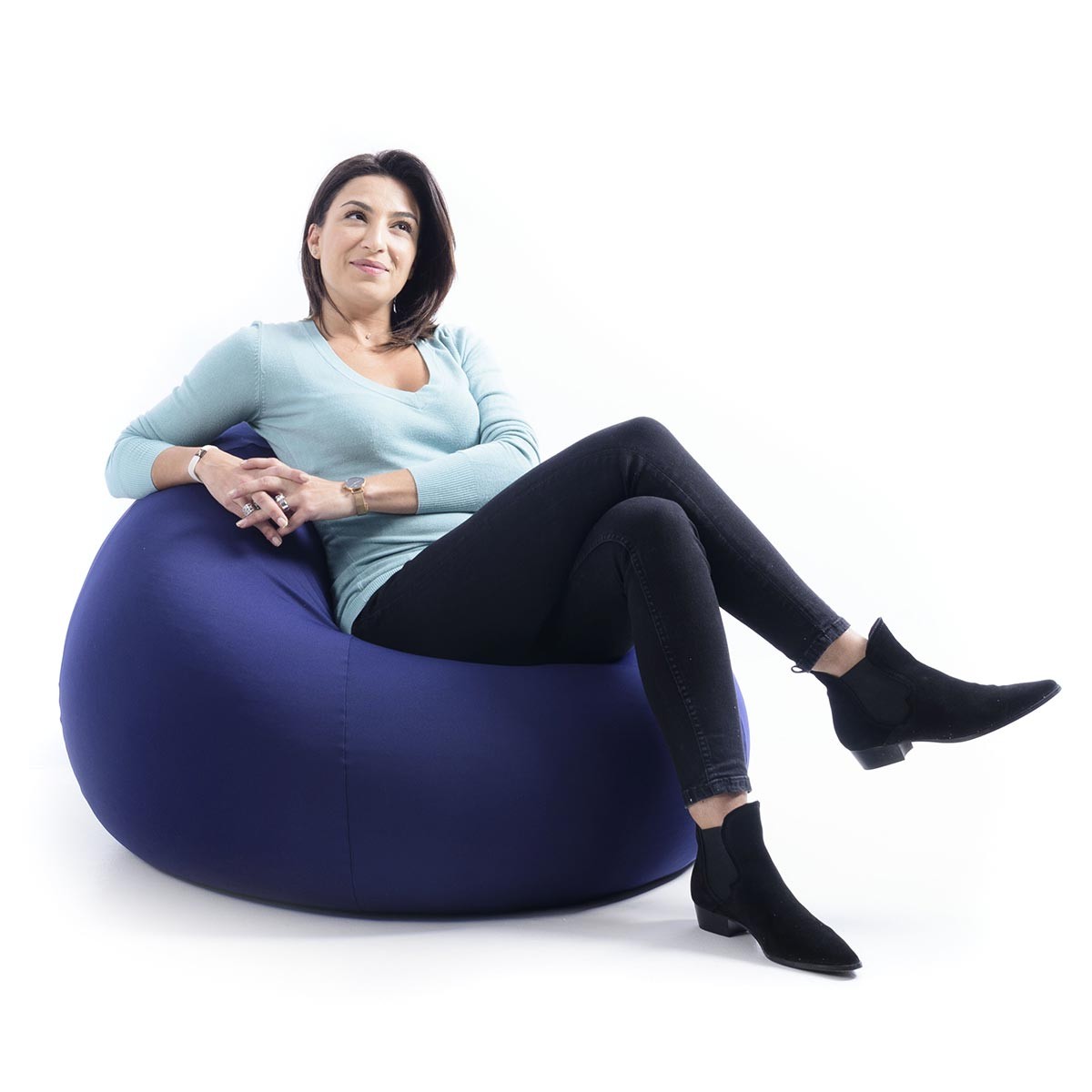 Pouf Poire Stretch Bleu Marine pour intérieur, grand pouf assise confortable tissu ultra souple, photo produit