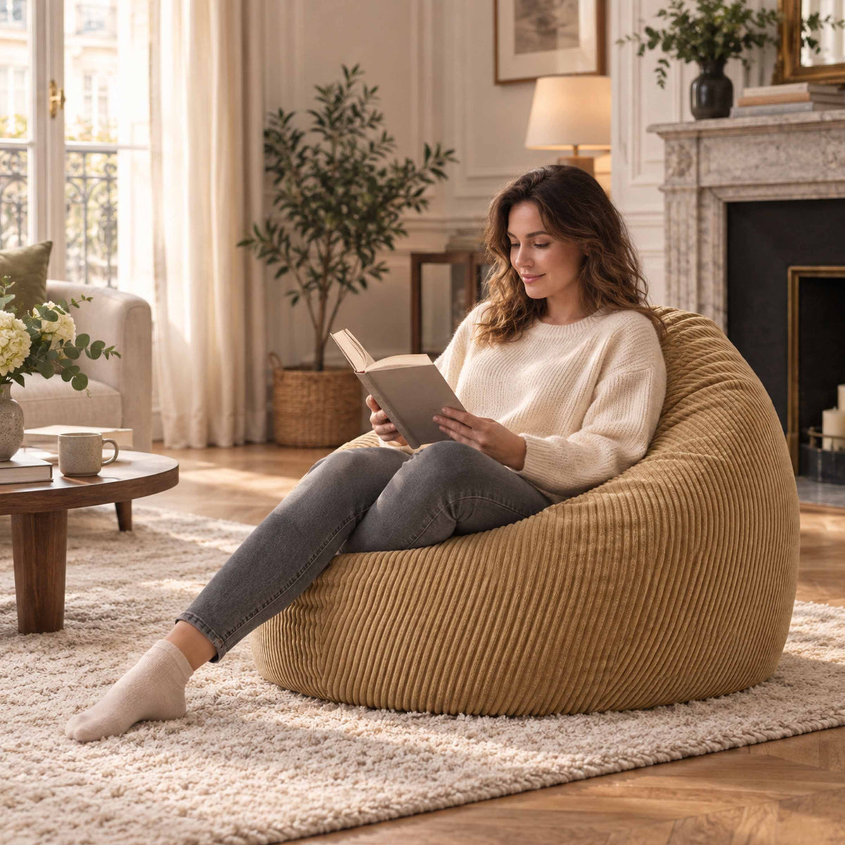 Pouf Poire Velours Côtelé Beige doré : pouf poire design en velours côtelé beige doré pour détente au salon