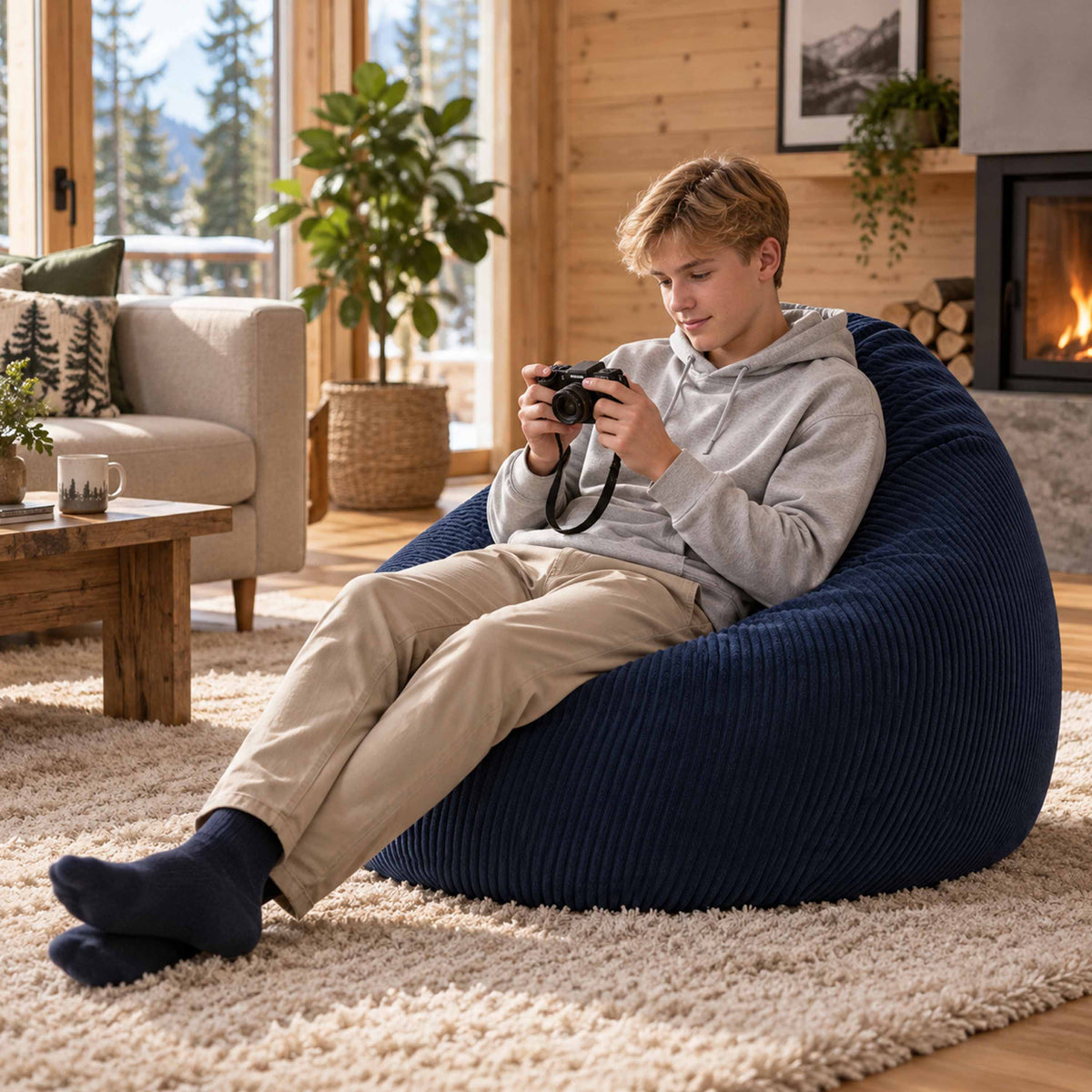 Pouf Poire Velours Côtelé Bleu Marine, pouf poire rembourré de billes polystyrène, fauteuil cocooning en velours côtelé bleu marine